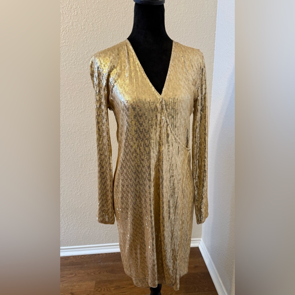Michael Kors Long Sleeve Gold Sequin Wrap Dress- NWT- Size S- Stunning